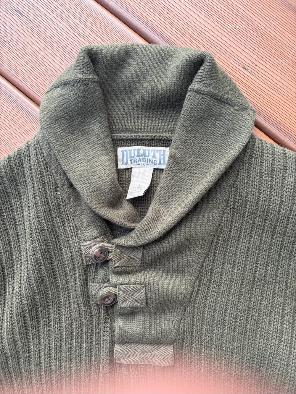 Duluth Trading Co Olive Green Shawl Collar Turtleneck Sweater